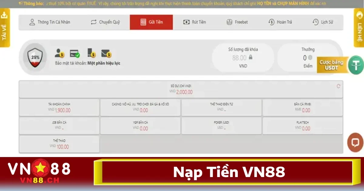 VN88 ⭐️ Link Vào VN88.Com Cá Cược Thể Thao, Casino Uy Tín 35 Để nạp tiền vào tài khoản và bắt đầu tham gia các sản phẩm trò chơi hấp dẫn tại nhà cái, anh em chỉ cần làm theo các bước đơn giản